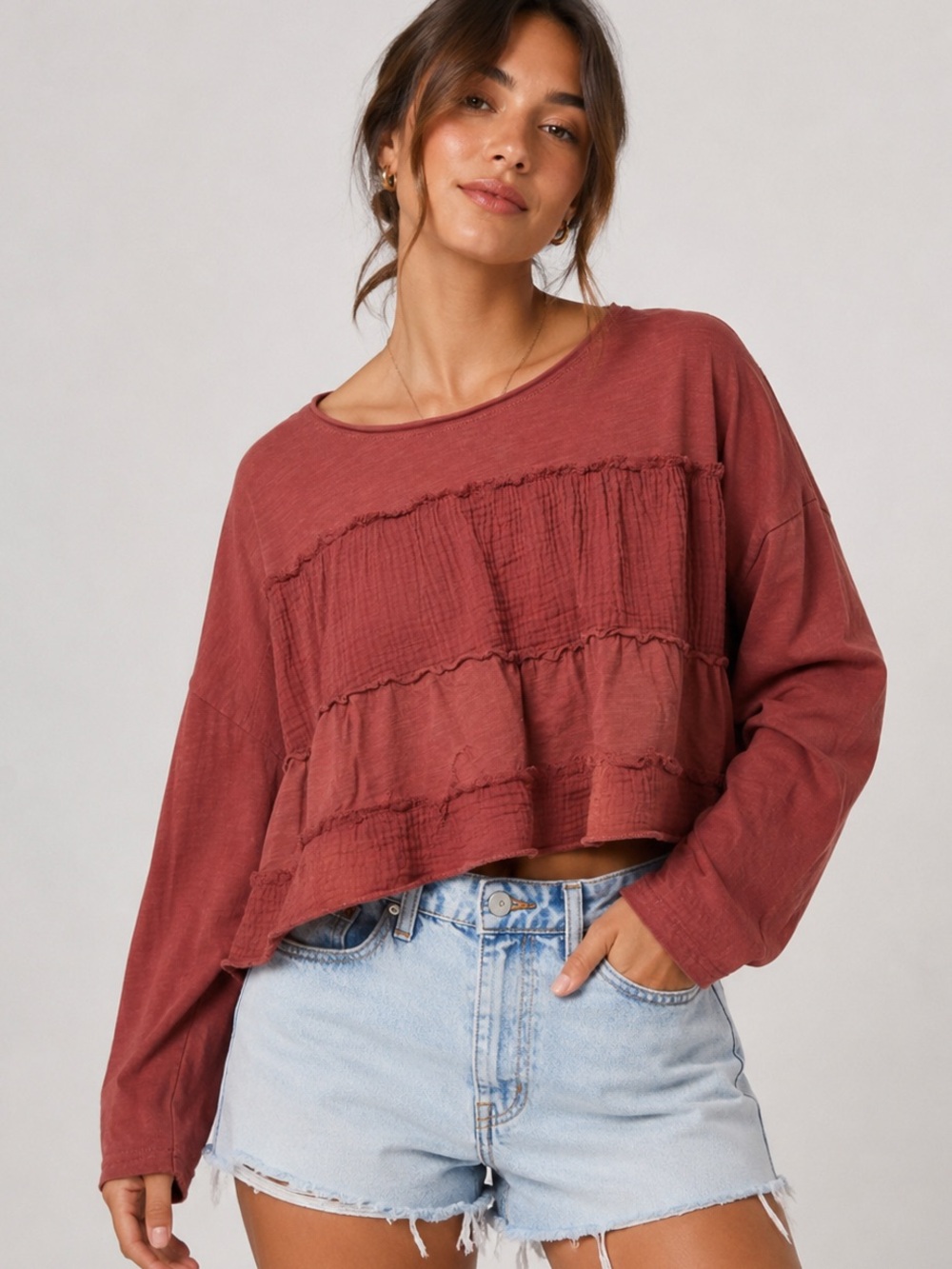 Altar'd State cotton knit and gauze baby doll tiered ruffle crop top